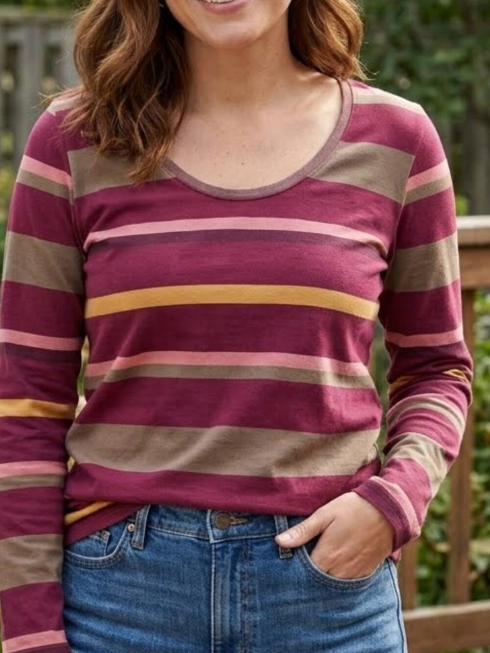 Lole Women's Organic Cotton Striped Long Sleeve T-shirt Top Scoop Neck Casual